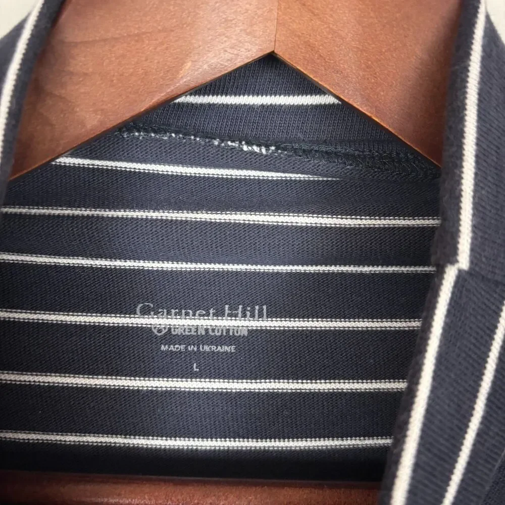 Garnet Hill Navy Blue White Stripe Green Cotton Turtleneck Sweater Women's Large